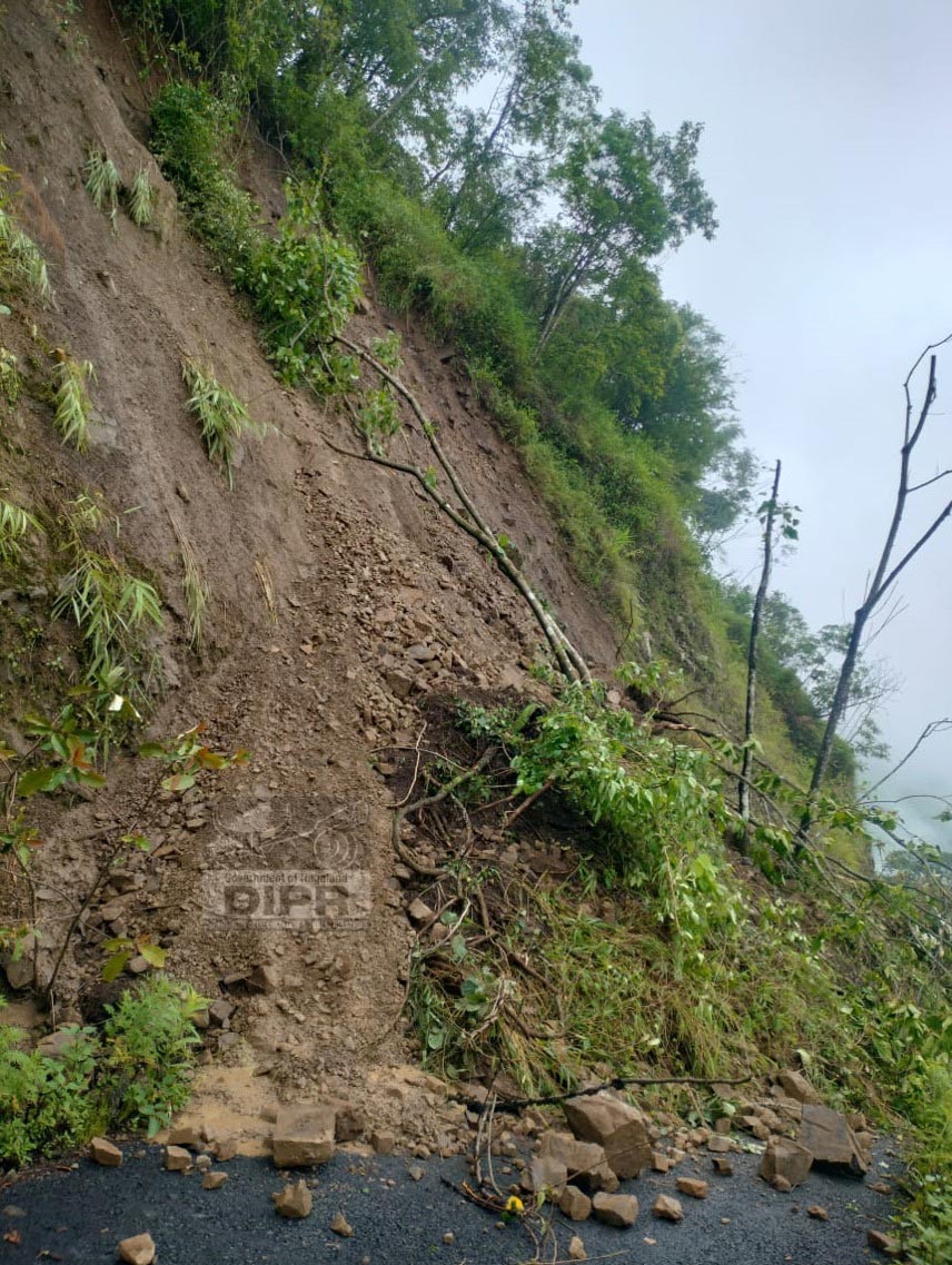 Incessant rains triggered landslide cutting off road to Sitimi and Shisimi villages under Kiphire districts. (DIPR Photo)